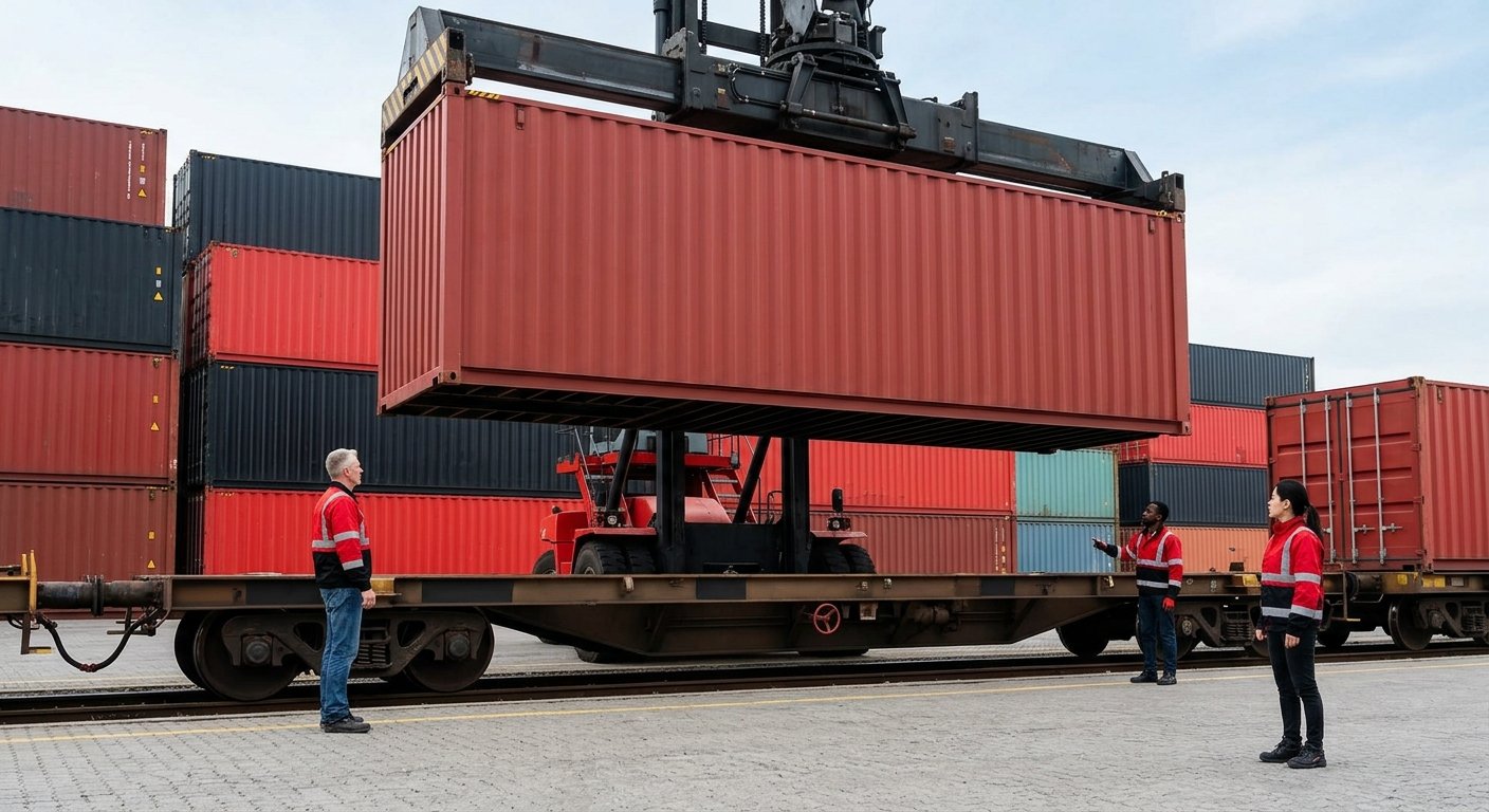 Shipping container being loaded at a rail yard