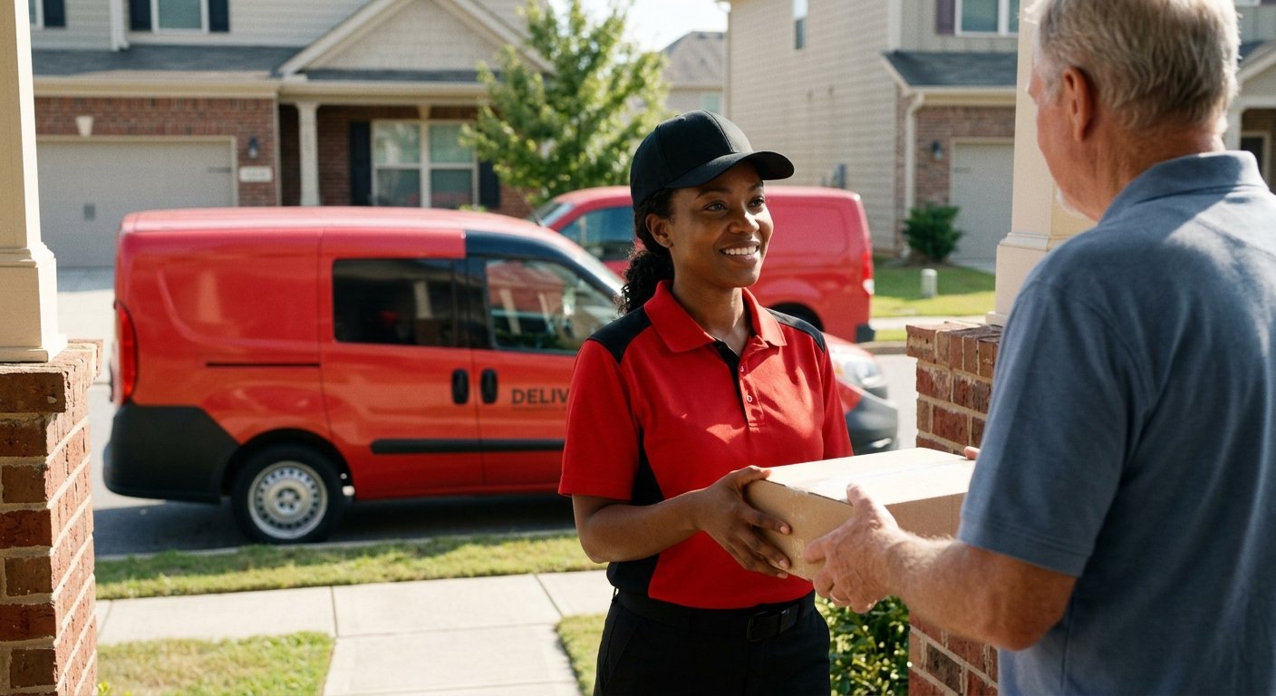 Courier delivering a package to a customer's porch