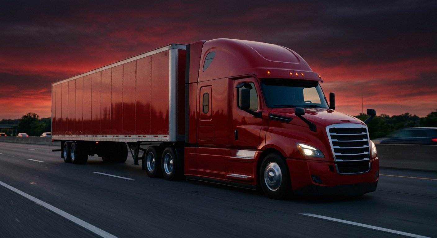 Delivery truck on the highway at sunset