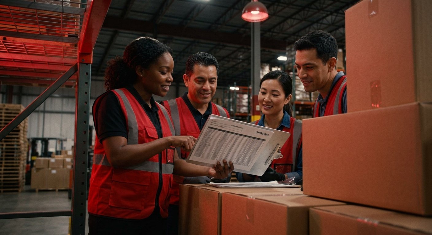 Our team reviewing a shipment checklist in the warehouse