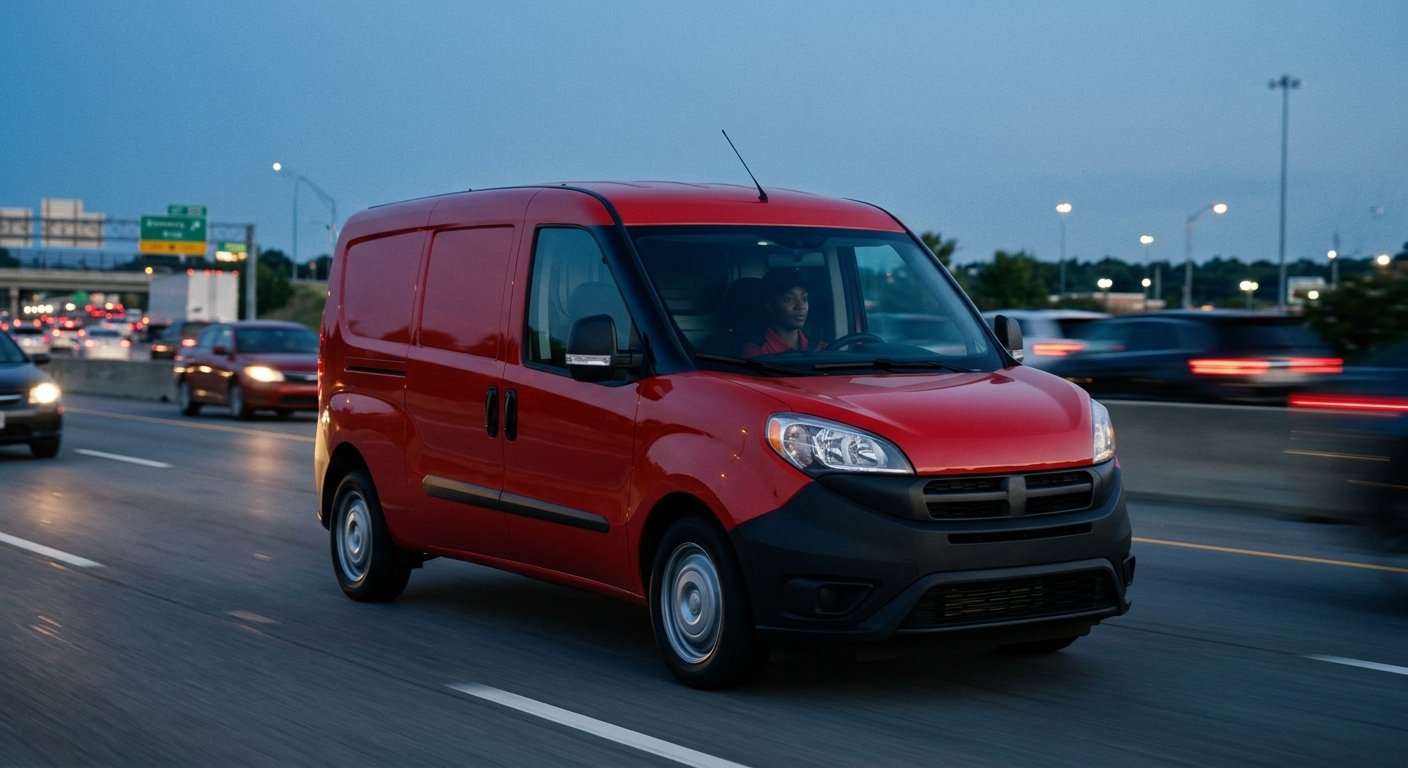 Delivery van on the highway at dusk