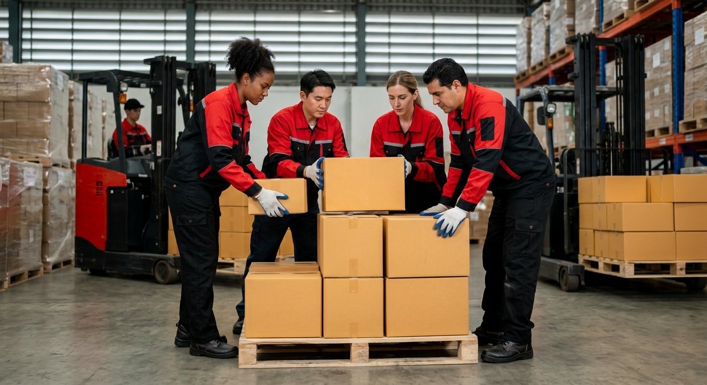 Warehouse workers carefully stacking and handling packages