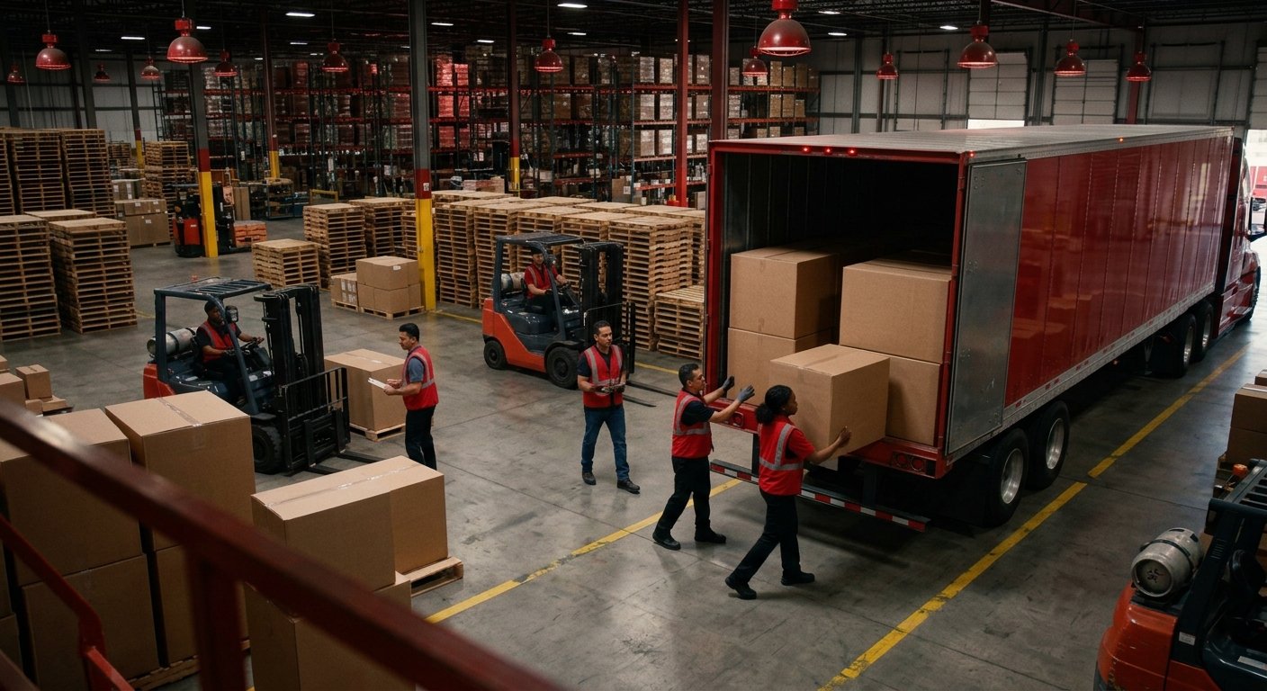 Warehouse team unloading and sorting packages from a delivery truck